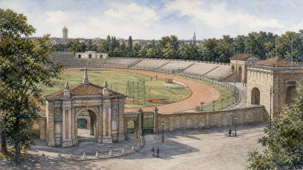 Original documentary watercolour of Arena Civica: spectacle, sport and Napoleonic urbanism in Milan · Lombardy, showing accurate architecture, landscape, people and present-day use