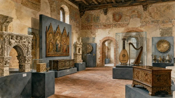 Original documentary watercolour of Civic collections: objects beyond the palace narrative in Milan · Lombardy, showing accurate architecture, landscape, people and present-day use