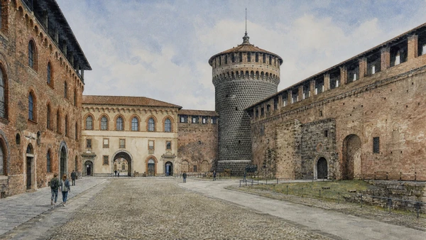 Original documentary watercolour of Courtyards and walls: fortress, barracks and public passage in Milan · Lombardy, showing accurate architecture, landscape, people and present-day use