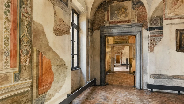 Original documentary watercolour of Ducal apartments: court architecture and painted rooms in Milan · Lombardy, showing accurate architecture, landscape, people and present-day use