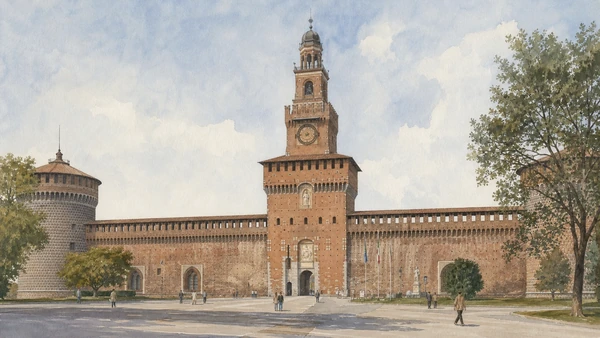 Original documentary watercolour of Torre del Filarete: a reconstructed civic image in Milan · Lombardy, showing accurate architecture, landscape, people and present-day use