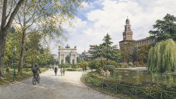 Original documentary watercolour of Parco Sempione: military ground remade as public landscape in Milan · Lombardy, showing accurate architecture, landscape, people and present-day use