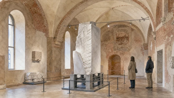 Original documentary watercolour of Pietà Rondanini: Michelangelo's unfinished late sculpture in Milan · Lombardy, showing accurate architecture, landscape, people and present-day use