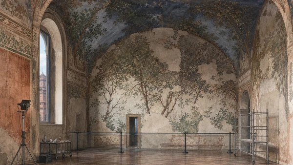 Original documentary watercolour of Sala delle Asse: Leonardo, restoration and controlled visibility in Milan · Lombardy, showing accurate architecture, landscape, people and present-day use