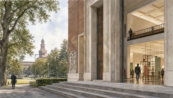 Original documentary watercolour of Triennale Milano: design institution in Palazzo dell'Arte in Milan · Lombardy, showing accurate architecture, landscape, people and present-day use