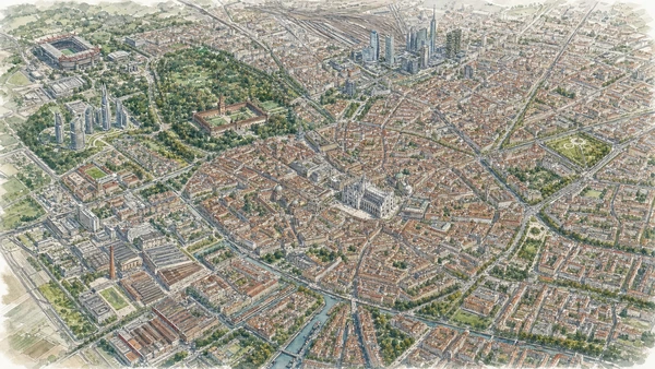 Original illustrated atlas of Milan with ten connected historic, cultural, industrial, water and metropolitan territories