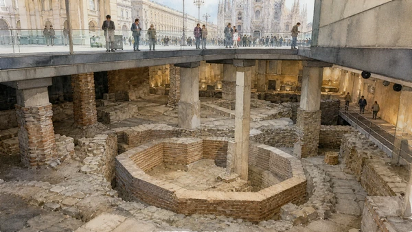 Original documentary watercolour of The archaeological area: baptistery and earlier cathedral levels in Milan · Lombardy, showing accurate architecture, landscape, people and present-day use