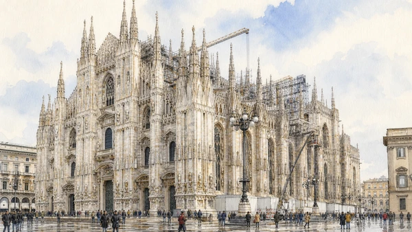 Original documentary watercolour of Duomo exterior: a cathedral still under construction in Milan · Lombardy, showing accurate architecture, landscape, people and present-day use