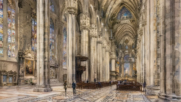 Original documentary watercolour of Duomo interior: worship inside a vast construction history in Milan · Lombardy, showing accurate architecture, landscape, people and present-day use