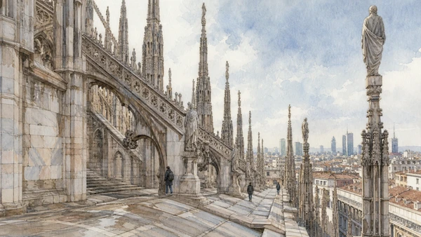 Original documentary watercolour of Duomo rooftops: structure, sculpture and the city horizon in Milan · Lombardy, showing accurate architecture, landscape, people and present-day use