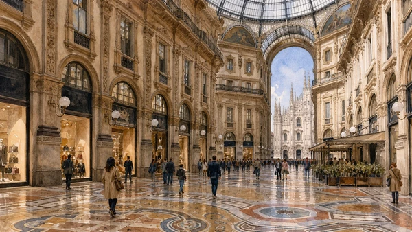 Original documentary watercolour of Galleria Vittorio Emanuele II: commerce as civic theatre in Milan · Lombardy, showing accurate architecture, landscape, people and present-day use