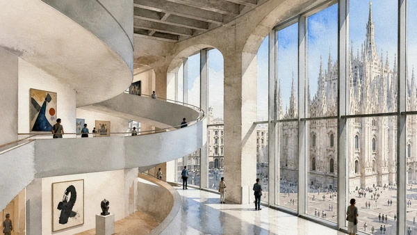 Original documentary watercolour of Museo del Novecento: modern art in the Arengario in Milan · Lombardy, showing accurate architecture, landscape, people and present-day use