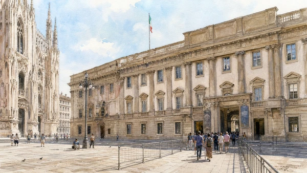 Original documentary watercolour of Palazzo Reale: court, government and exhibition reuse in Milan · Lombardy, showing accurate architecture, landscape, people and present-day use