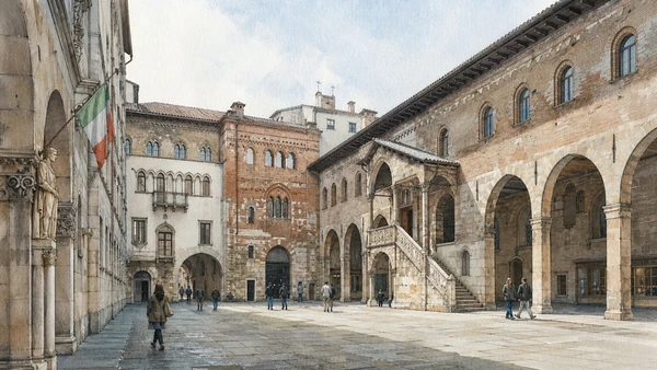 Original documentary watercolour of Piazza Mercanti: the smaller medieval civic centre in Milan · Lombardy, showing accurate architecture, landscape, people and present-day use