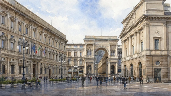 Original documentary watercolour of Piazza della Scala and Palazzo Marino: municipal power in Milan · Lombardy, showing accurate architecture, landscape, people and present-day use