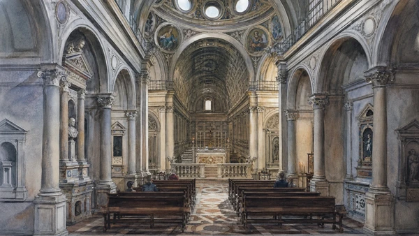 Original documentary watercolour of Santa Maria presso San Satiro: perspective within a constrained block in Milan · Lombardy, showing accurate architecture, landscape, people and present-day use