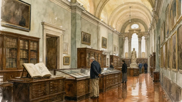 Original documentary watercolour of Pinacoteca Ambrosiana: portrait, copy and collection history in Milan · Lombardy, showing accurate architecture, landscape, people and present-day use