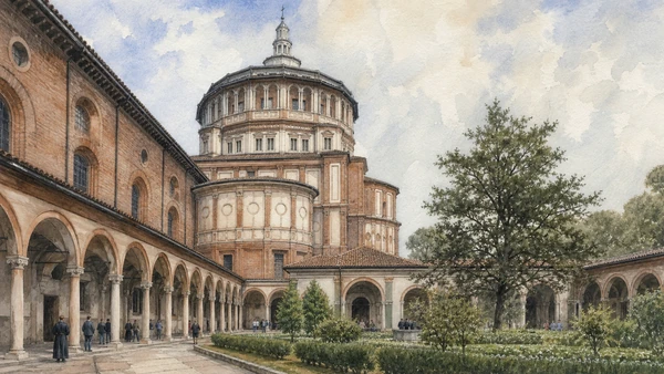 Original documentary watercolour of The tribune and cloisters: architecture of Sforza ambition in Milan · Lombardy, showing accurate architecture, landscape, people and present-day use