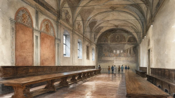 Original documentary watercolour of The Last Supper: a fragile wall painting under controlled access in Milan · Lombardy, showing accurate architecture, landscape, people and present-day use