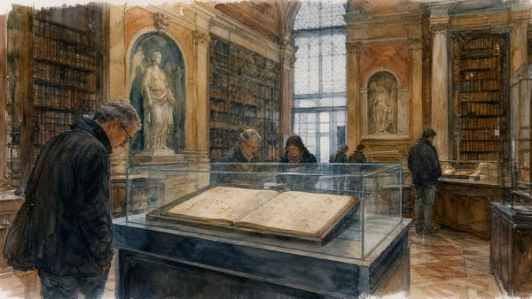 Original documentary watercolour of Codex Atlanticus: dispersed thought gathered into one corpus in Milan · Lombardy, showing accurate architecture, landscape, people and present-day use