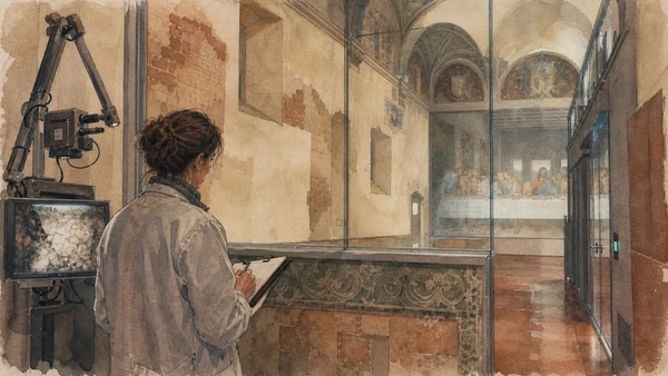 Original documentary watercolour of Cenacolo conservation: what the visitor actually sees in Milan · Lombardy, showing accurate architecture, landscape, people and present-day use