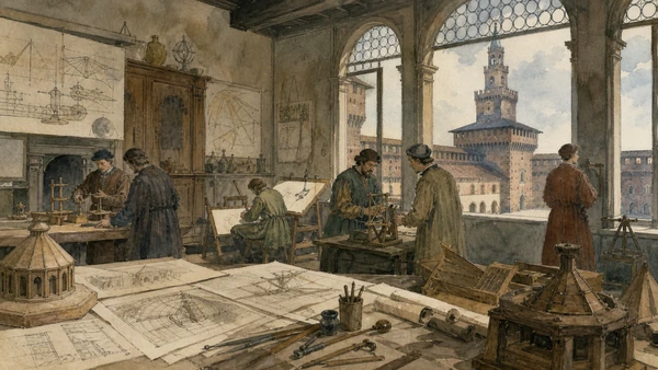 Original documentary watercolour of Leonardo at the Sforza court: work across disciplines in Milan · Lombardy, showing accurate architecture, landscape, people and present-day use