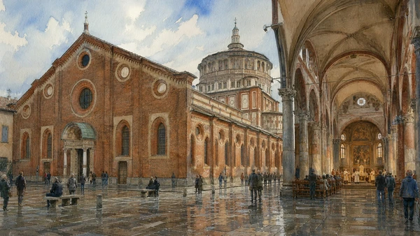 Original documentary watercolour of Santa Maria delle Grazie: Dominican church and living worship in Milan · Lombardy, showing accurate architecture, landscape, people and present-day use