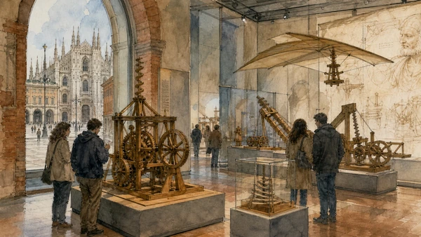 Original documentary watercolour of Leonardo models: twentieth-century interpretation, not Renaissance objects in Milan · Lombardy, showing accurate architecture, landscape, people and present-day use