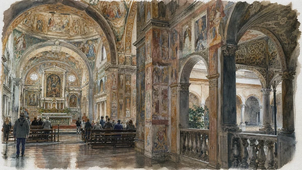 Original documentary watercolour of San Maurizio al Monastero Maggiore: painting in Leonardo's Milan in Milan · Lombardy, showing accurate architecture, landscape, people and present-day use