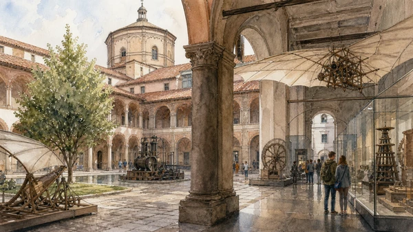 Original documentary watercolour of National Science Museum: interpretation inside a former monastery in Milan · Lombardy, showing accurate architecture, landscape, people and present-day use