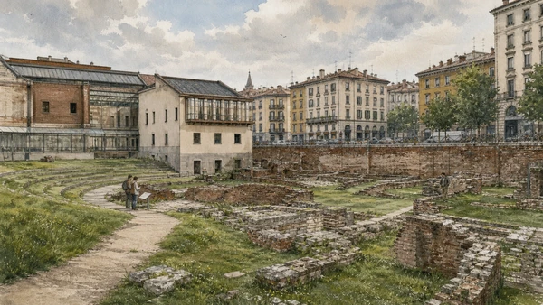 Original documentary watercolour of Amphitheatre and Antiquarium: spectacle at the city edge in Milan · Lombardy, showing accurate architecture, landscape, people and present-day use