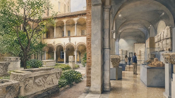 Original documentary watercolour of Civico Museo Archeologico: the map before the walk in Milan · Lombardy, showing accurate architecture, landscape, people and present-day use
