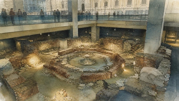 Original documentary watercolour of San Giovanni alle Fonti: baptism beneath the Duomo in Milan · Lombardy, showing accurate architecture, landscape, people and present-day use