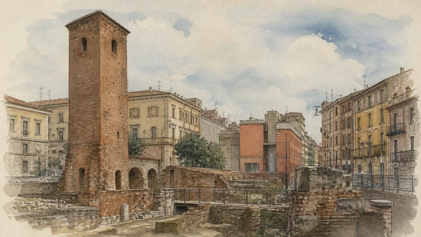 Original documentary watercolour of Roman circus traces: entertainment beside imperial power in Milan · Lombardy, showing accurate architecture, landscape, people and present-day use