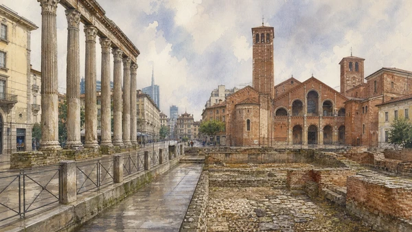 Documentary watercolour for Mediolanum and Early Christian Milan