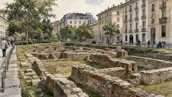 Original documentary watercolour of The imperial palace at Via Brisa: foundations in public space in Milan · Lombardy, showing accurate architecture, landscape, people and present-day use