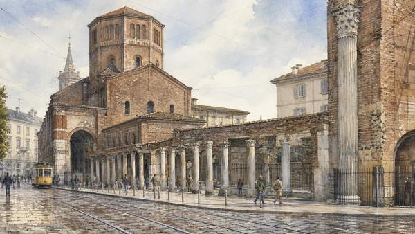 Original documentary watercolour of San Lorenzo and its columns: late-antique monument and reuse in Milan · Lombardy, showing accurate architecture, landscape, people and present-day use