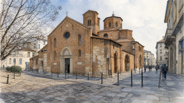 Original documentary watercolour of San Nazaro in Brolo: an apostolic basilica on a Roman road in Milan · Lombardy, showing accurate architecture, landscape, people and present-day use