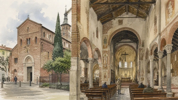 Original documentary watercolour of San Simpliciano: an Ambrosian foundation through medieval form in Milan · Lombardy, showing accurate architecture, landscape, people and present-day use