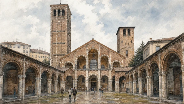Original documentary watercolour of Sant'Ambrogio: bishop, burial and Romanesque rebuilding in Milan · Lombardy, showing accurate architecture, landscape, people and present-day use