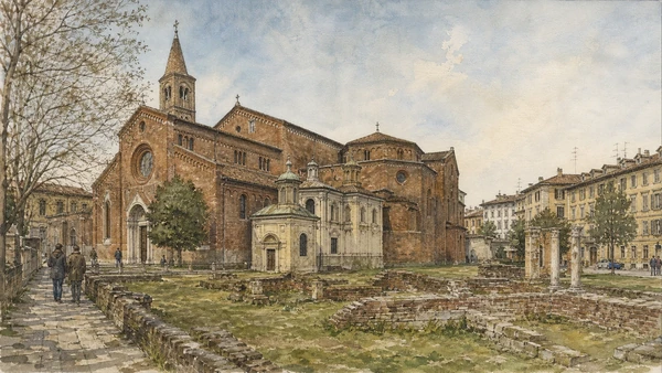 Original documentary watercolour of Sant'Eustorgio: cemetery basilica, relics and Dominican city in Milan · Lombardy, showing accurate architecture, landscape, people and present-day use