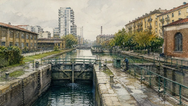 Original documentary watercolour of Conca Fallata: lock, water level and industrial edge in Milan · Lombardy, showing accurate architecture, landscape, people and present-day use