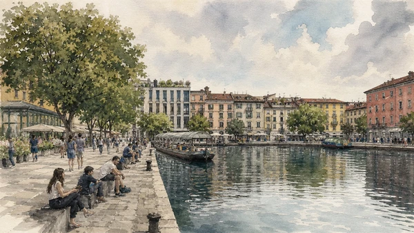 Original documentary watercolour of Darsena: Milan's port basin returned to public view in Milan · Lombardy, showing accurate architecture, landscape, people and present-day use