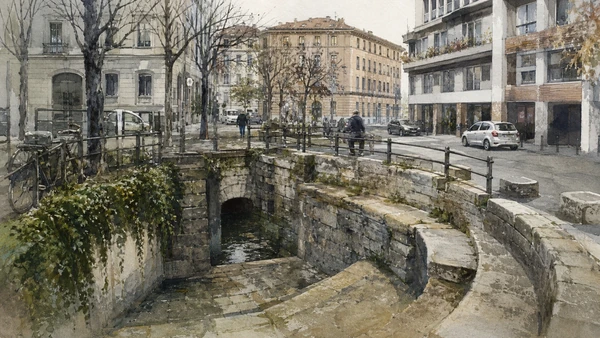 Original documentary watercolour of Conca dell'Incoronata: memory of the covered inner canal in Milan · Lombardy, showing accurate architecture, landscape, people and present-day use