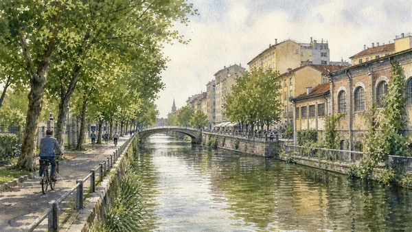 Original documentary watercolour of Naviglio Martesana: water city beyond the nightlife district in Milan · Lombardy, showing accurate architecture, landscape, people and present-day use