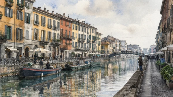 Original documentary watercolour of Naviglio Grande: transport corridor and inhabited bank in Milan · Lombardy, showing accurate architecture, landscape, people and present-day use
