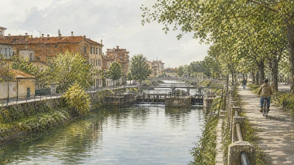 Original documentary watercolour of Naviglio Pavese: engineered route toward Pavia in Milan · Lombardy, showing accurate architecture, landscape, people and present-day use