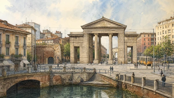 Original documentary watercolour of Porta Ticinese: gate, piazza and canal threshold in Milan · Lombardy, showing accurate architecture, landscape, people and present-day use