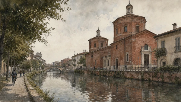 Original documentary watercolour of San Cristoforo sul Naviglio: two churches on the water route in Milan · Lombardy, showing accurate architecture, landscape, people and present-day use