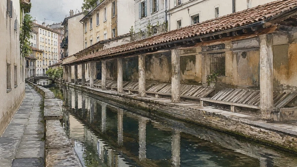 Original documentary watercolour of Vicolo dei Lavandai: labour behind a picturesque name in Milan · Lombardy, showing accurate architecture, landscape, people and present-day use